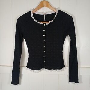 Free People Cardigan Top Women XS Black Ruffle Trim Textured OB2070497
